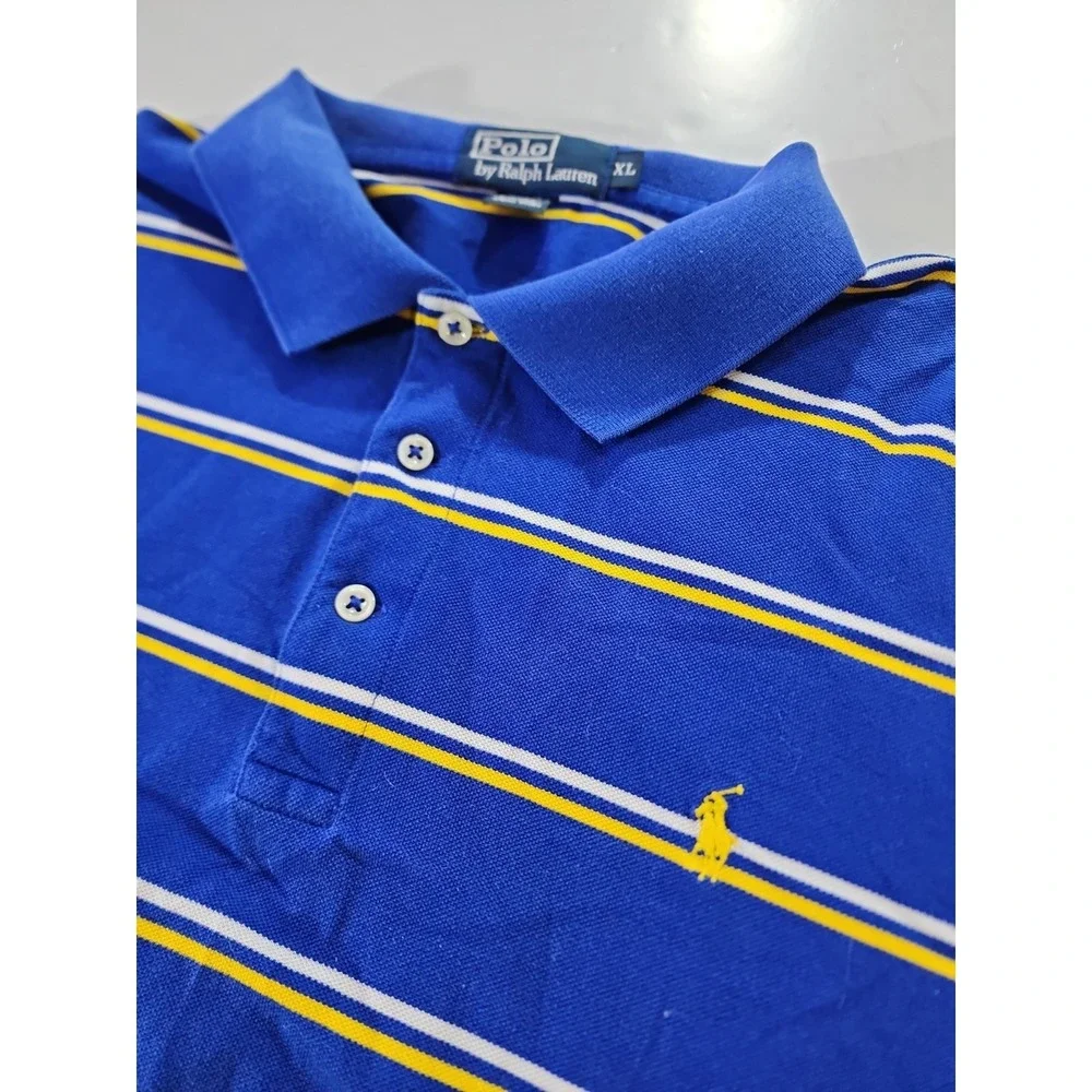 Vtg Polo Ralph Lauren Striped Long Sleeve Polo Shirt XL Blue Yellow Pima Cotton